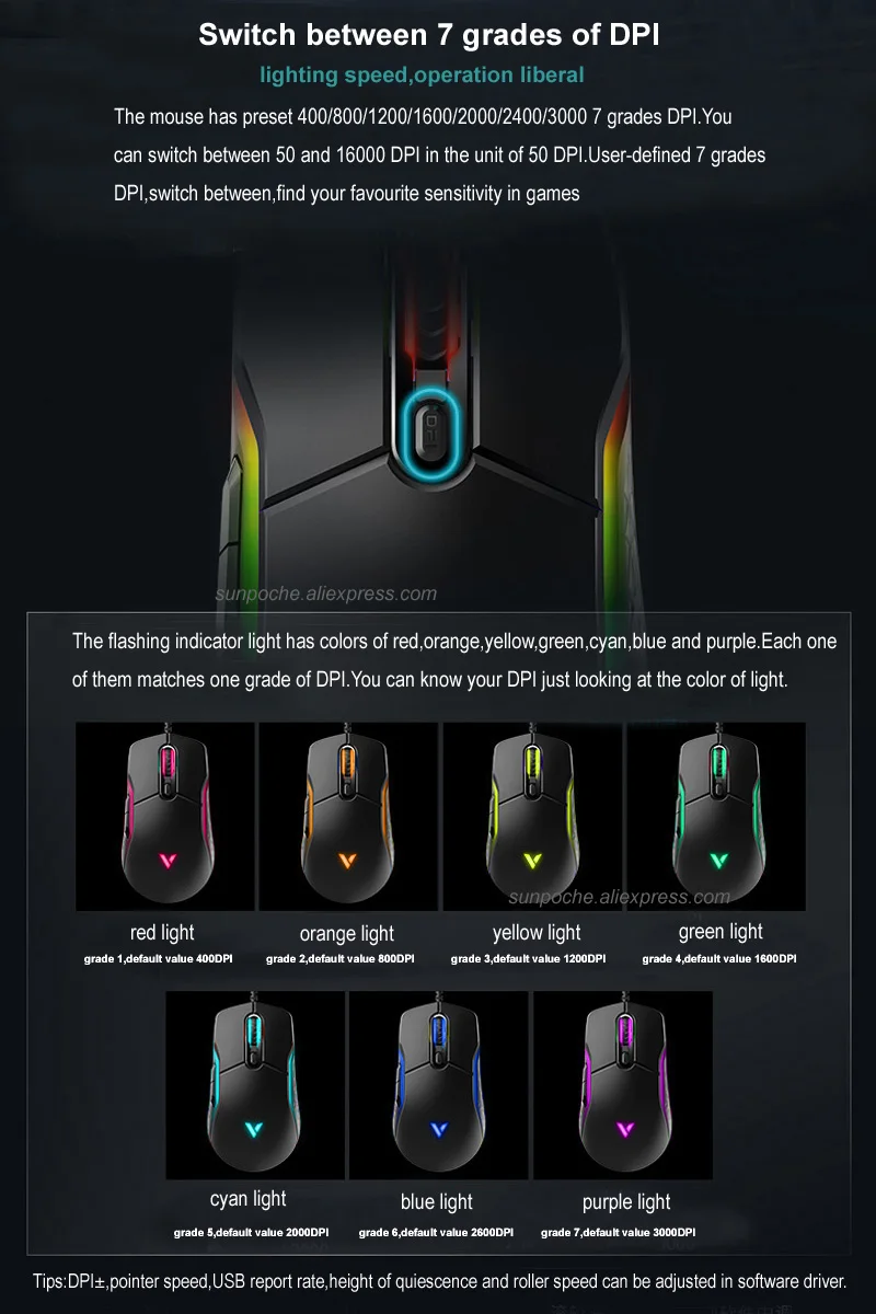 Rapoo Wired Gaming Mouse Mice 16000DPI 400IPS IR Optical Sensor VT Customizable Chip RGB Backlit 8 Programmable Keys Ergonomic