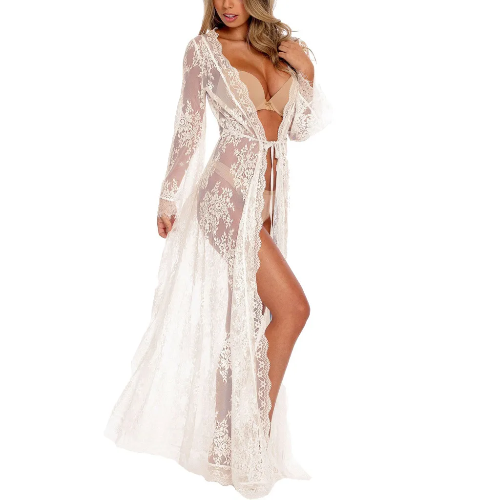 

CHAMSGEND Women's Summer Sexy lace perspective lace beach skirt fashion casual long skirt cardigan sunscreen shirt long coat