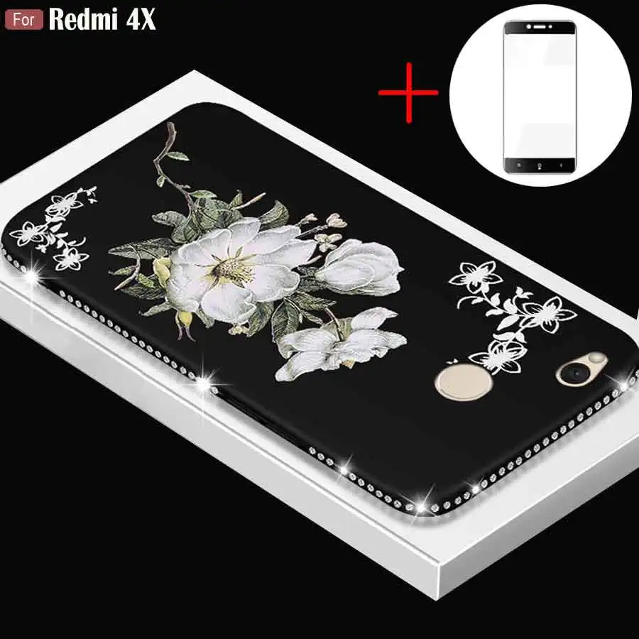 Новые Стразы чехол для Xiaomi Redmi 4X Тонкий 3D рельефный узор защитный + закаленное