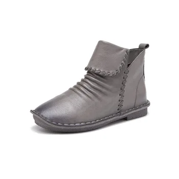 

1805 Real Leather Winter Shoes Womens 2019 New Fall Casual Round Toe Flat Plain Solid Color Boots Multicolor Winter Boots