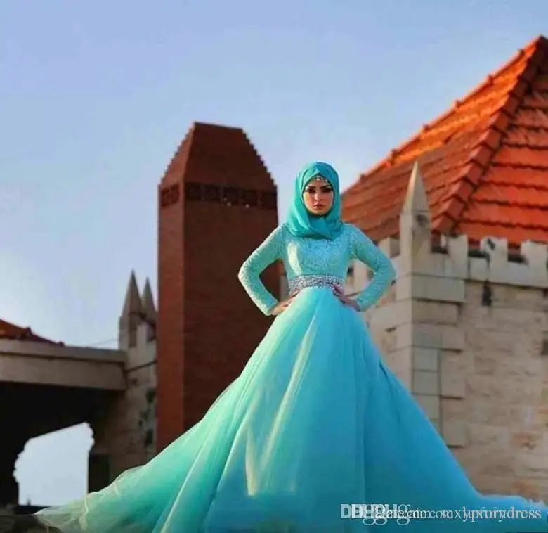 2017 font b Hijab b font Prom Dresses Arabic Blue Tulle Crystal Bridal Gowns A Line