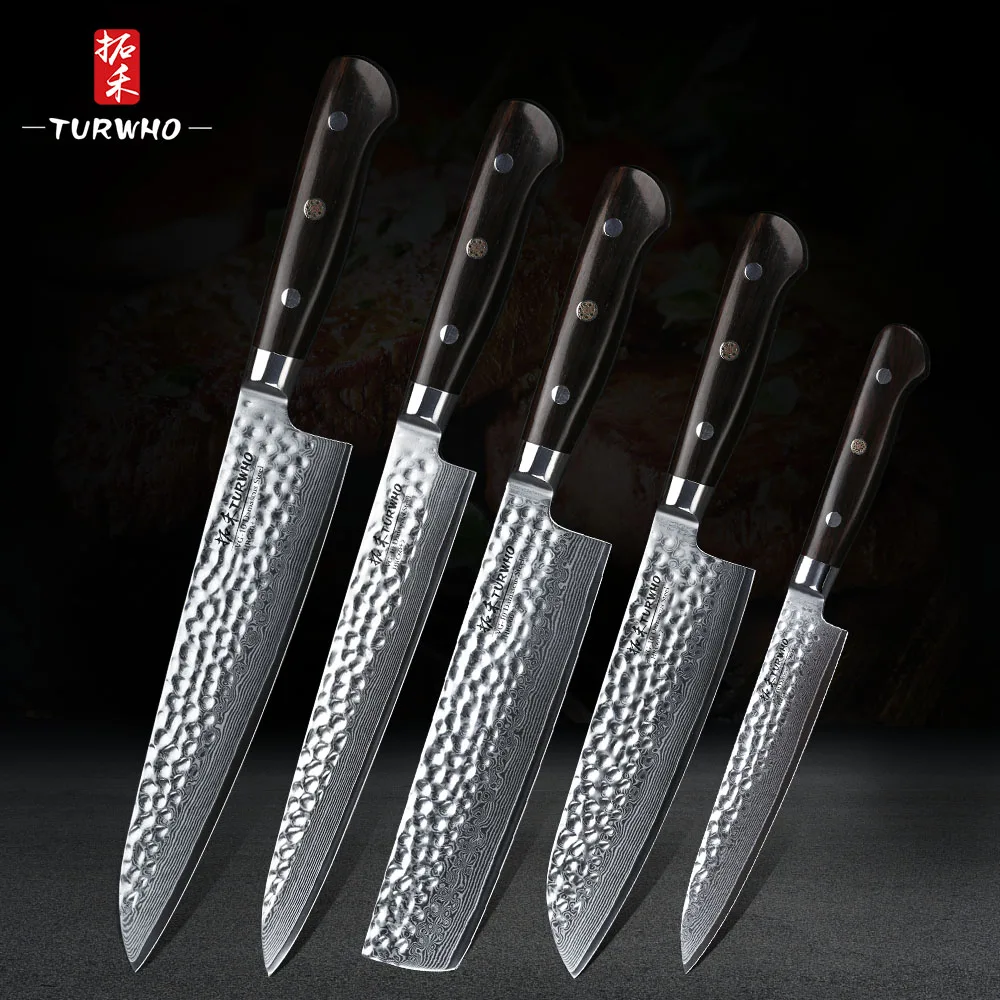 TURWHO 5Pcs Kitchen Knife Set Japanese VG10 Damascus Steel Nakiri Carving Santoku Chef Utility Knives Ebony Handle | Дом и сад