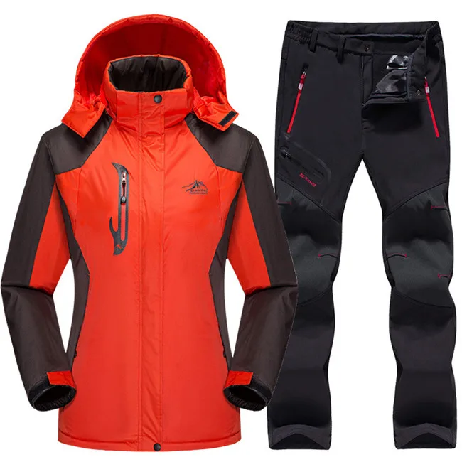 Водонепроницаемый лыжный костюм для женщин, лыжная куртка, брюки для женщин, зимняя верхняя одежда для катания на лыжах, сноуборде, флисовая куртка, брюки, комплекты для сноуборда - Цвет: Orange     Black
