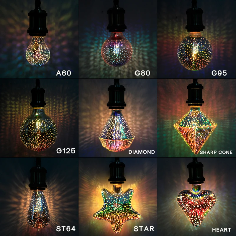 

3D Led Bulb 220V Star Heart Diamond Edison Night Light Colorful Novelty Firework Lampara Holiday Home Bar Decoration