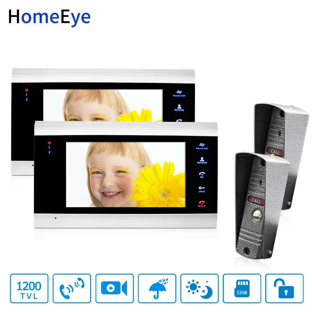 HomeEye 7'' Video Door Phone Intercom Door Bell 2-2 Access Control System Motion Detection Multi-languages OSD Menu Video Record