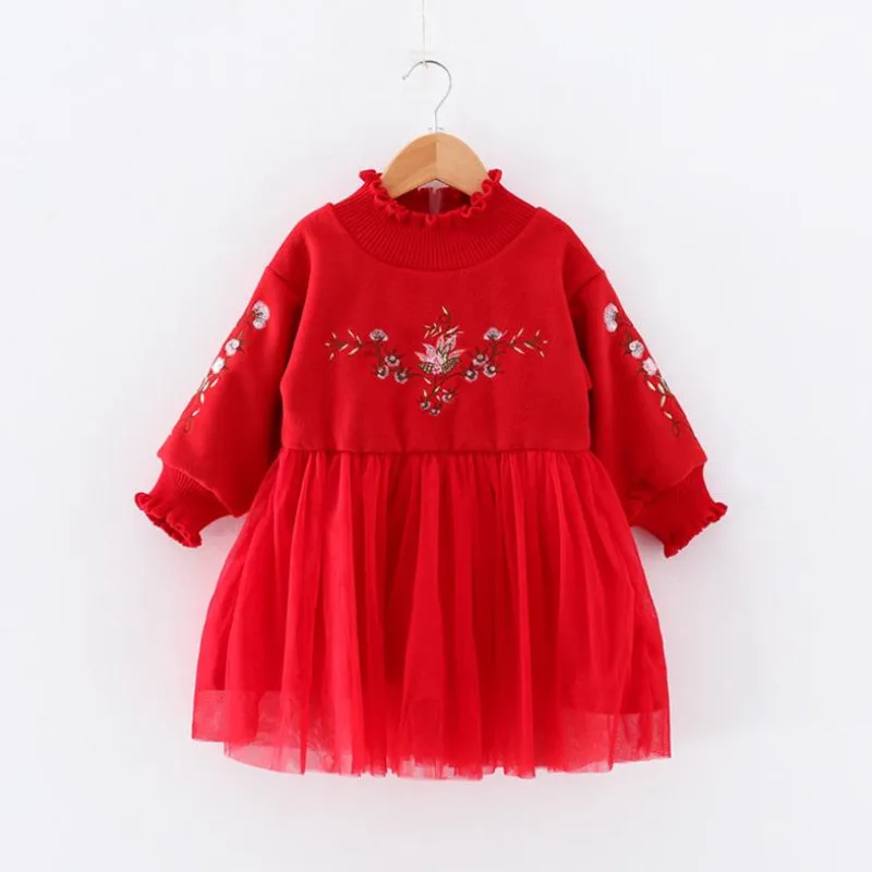 

DFXD Winter Children Girls Red Long Sleeve Mesh Flower Embroidery Princess Dress 2-8Years