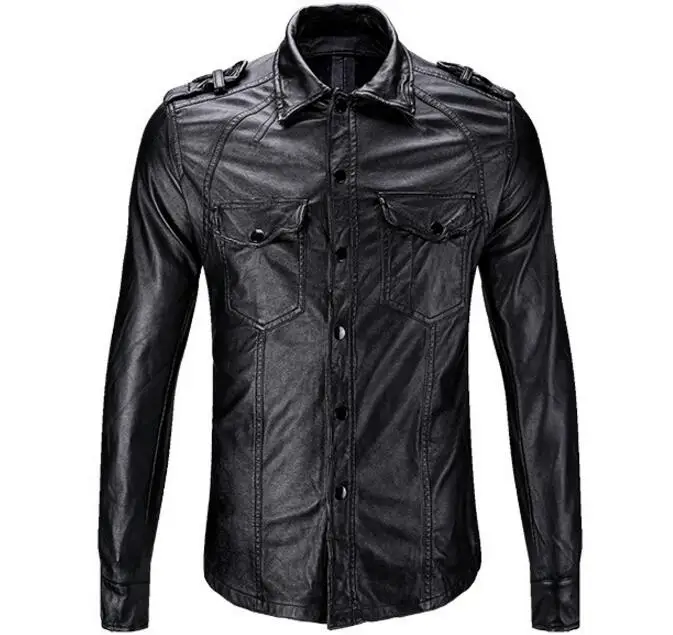 

M-3XL HOT 2019 Spring Men's New Fashion Locomotive PU Shirt Black Slim Youth Casual Jacket