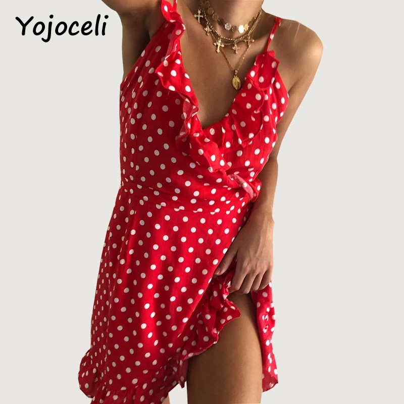 

Yojoceli 2018 new summer start print ruffled sundress women v neck asymmetrical hem beach dress female vestiods dress