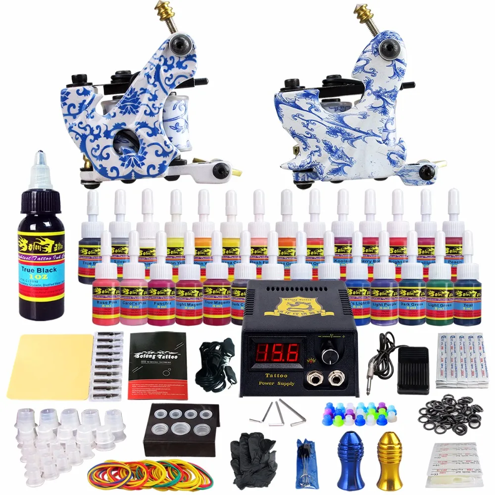 

Solong Tattoo complete professional 2 tattoo Machine Guns set Tattoo Kit 40 Inks Power Supply Needle Grips power supply TKB12