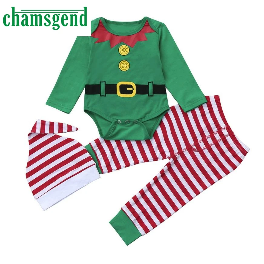 

CHAMSGEND Fashion Baby Christmas Green 3Pcs Infant Baby Boys Girls Christmas stripe print khaki Romper+Pants+Hat Outfits Sept21