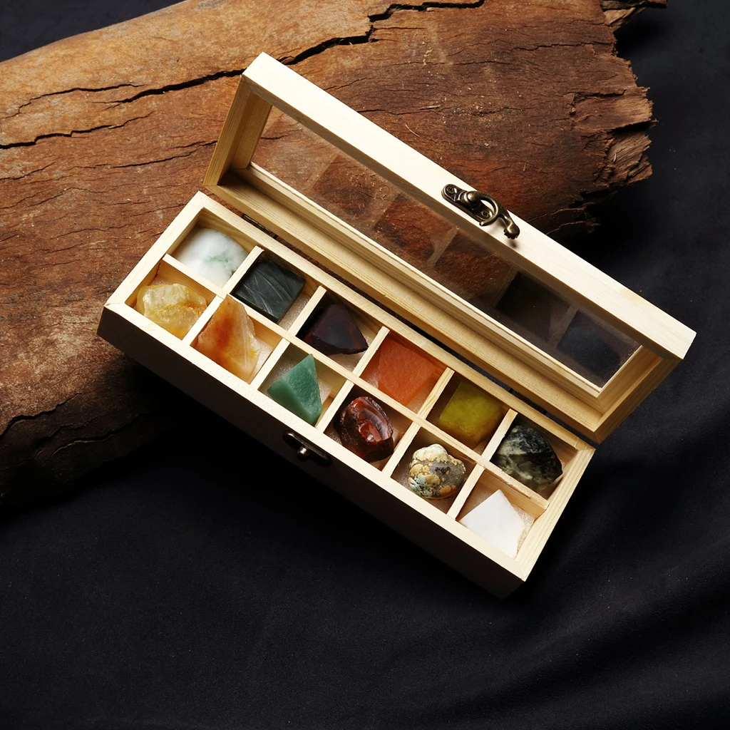 12pcs/ Box Educational Geology Science Kit - Rock and Mineral Collection Gemstones Jadeite Jade Specimens in Display Wooden Case