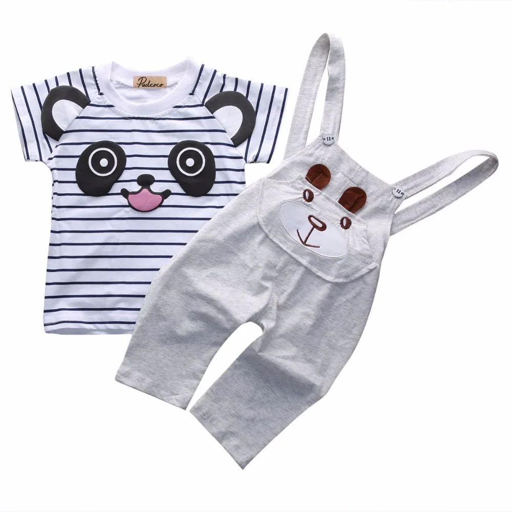 

boy girl toddler 2016 Summer Style Children Clothing Sets Baby 1-4Y Panda Striped TShirts Bear Bib Overalls Leisure Sport Suit