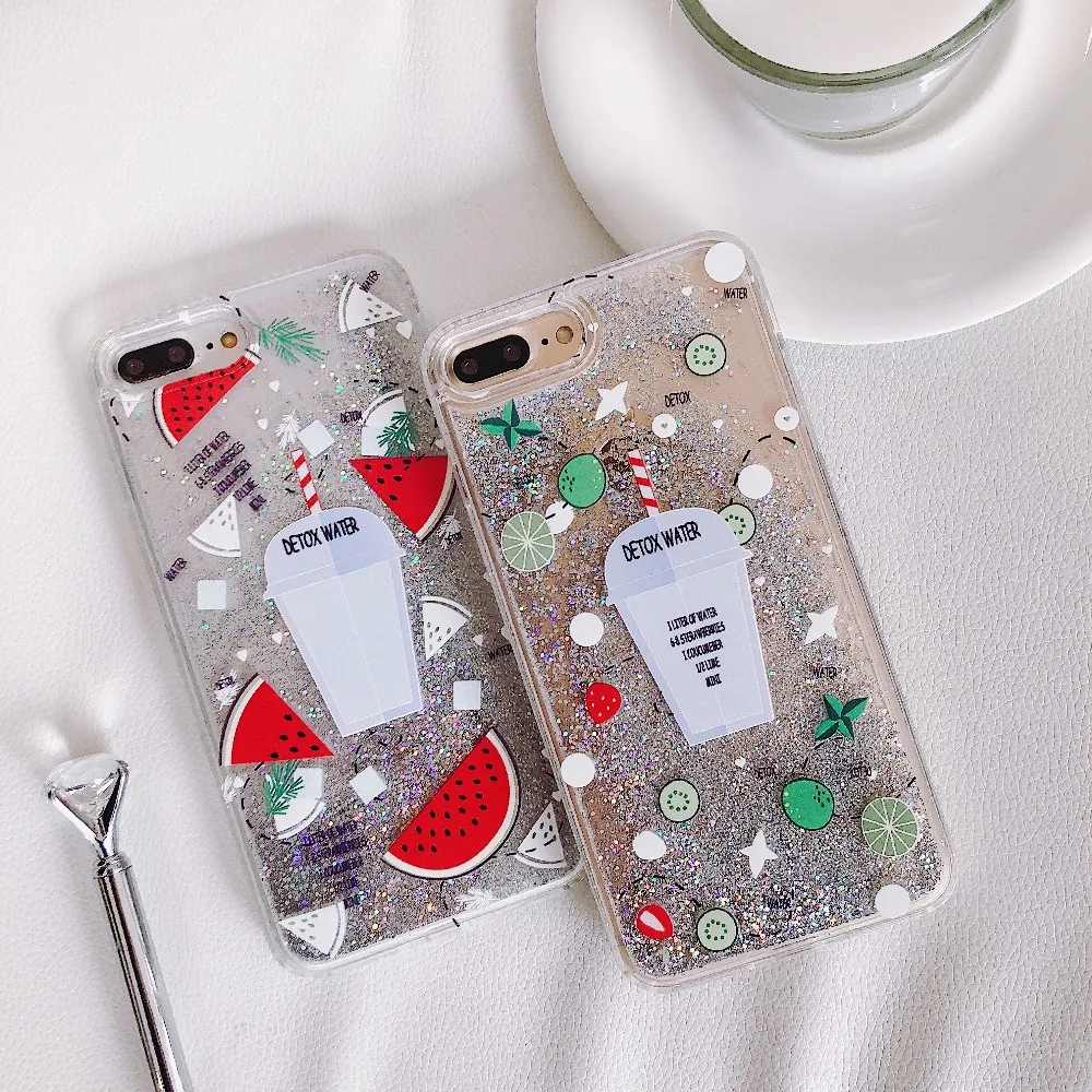 

XCZJ Cute Friut Bling quicksand case For iPhone X XS Soft Silicone Watemelon Liquid back covers for iPhone 6 6Plus 7 8 8plus
