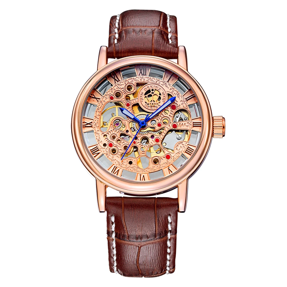 

ORKINA New Rose Gold Men's Skeleton Wristwatch Leather Antique Steampunk Casual Skeleton Mechanical Watches Male