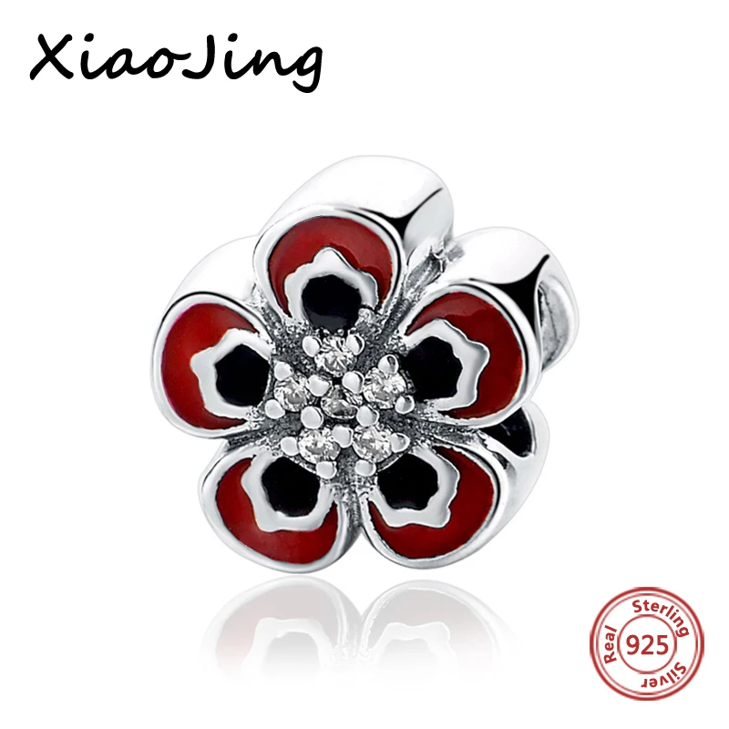 

925 Sterling Silver Red Rose Charms With CZ stone beads Fit Original European charm bracelet beads DIY Jewelry Making for gifts