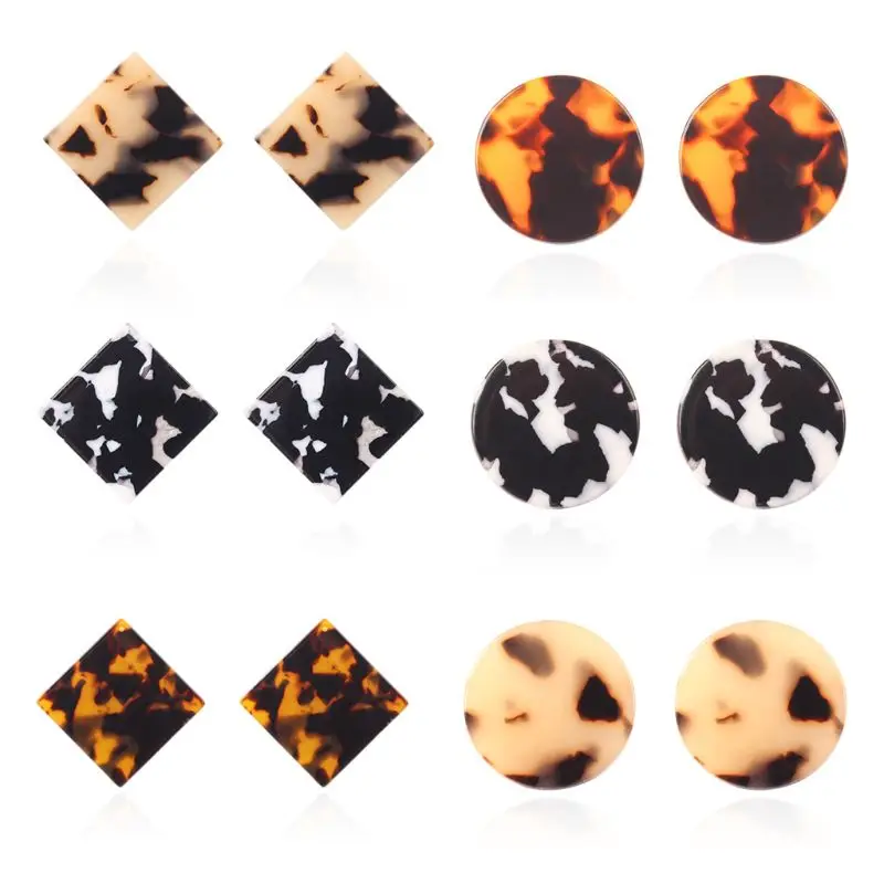 

Mottled Acrylic Resin Square Round Stud Earrings Tortoiseshell Fashion Jewelry
