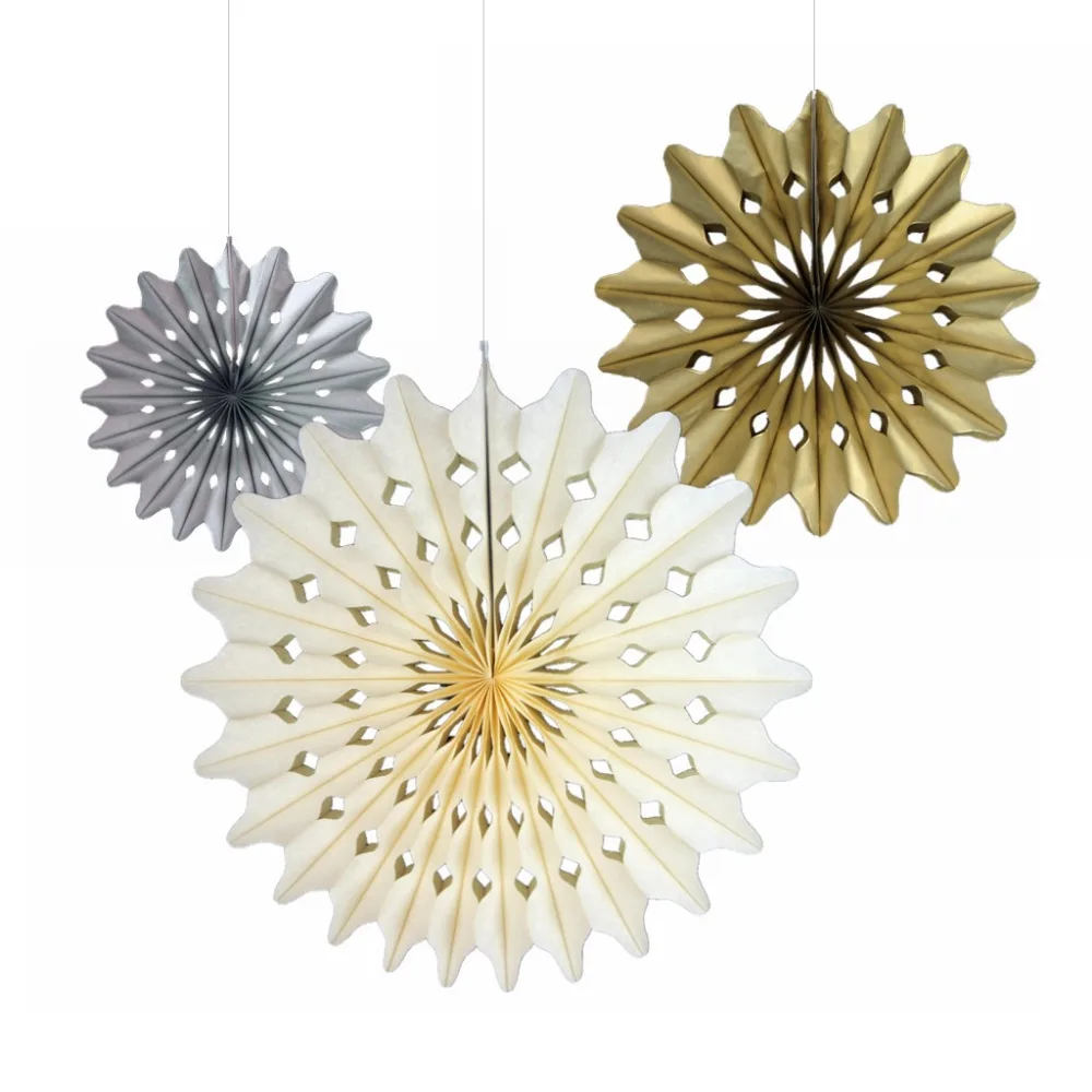 

Set of 3 Mixed Sizes Paper Fans Hanging Decor (Gold,Cream,Silver ) Birthday Party Showers Weddings Anniversary Decorations