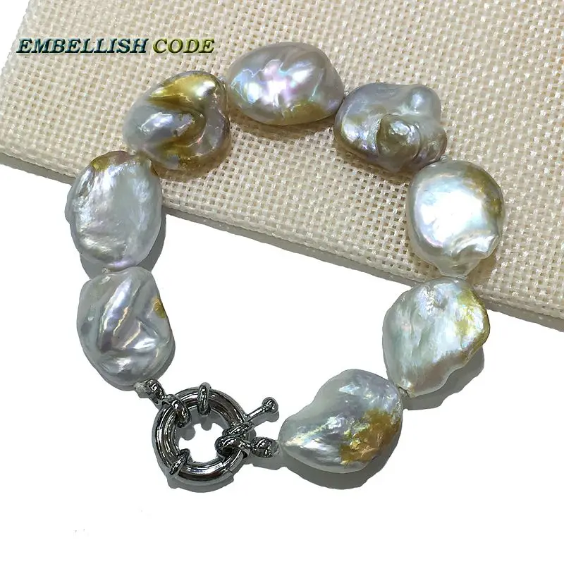 

unusual Irregular pearl bracelet white few golden color Good gloss 3 size for women 8mm thickness flat oval shape natural pearl
