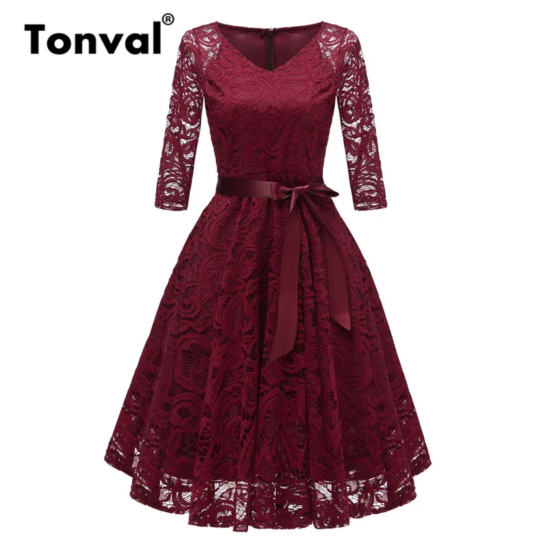 

Tonval Floral Lace Vintage A Line Formal Dress Women Elegant 2/3 Sleeve V Neck Autumn Dresses Party Hepburn Retro Dress
