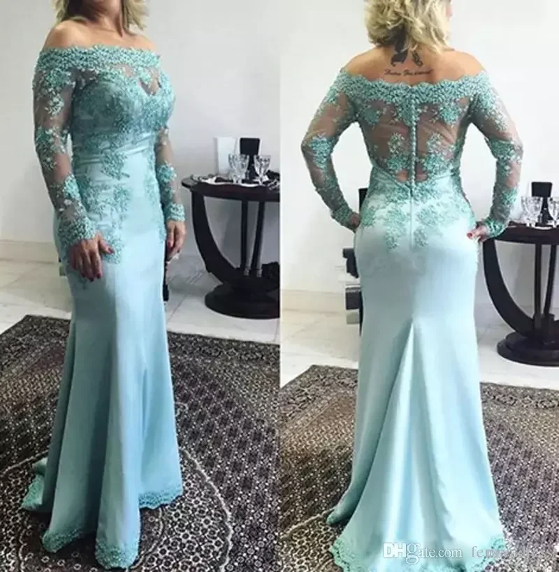 

Off Shoulder Evening gown Lace Sleeves Women's Formal Newest Design 2018 vestido novia mermaid Mother Of The Bride Dresses