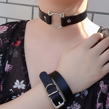 Hot Punk Harajuku Collar Choker Necklace Kit head PU Leather Choker Punk Goth 100% Handmade Neck Bracelet animal Jewelry