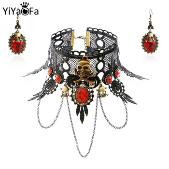 

YiYaoFa Exaggerated Skull Jewelry Set Gothic Black Lace Skeleton Necklace & Earring Women Accessories Party Jewelry FYS-03