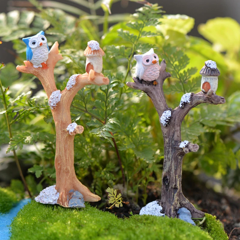 1 PCS Mini Tree Branches Resin Miniatures Owl Fairy Garden House Kit Dolls Christmas Ornaments Baby Toys Random Color