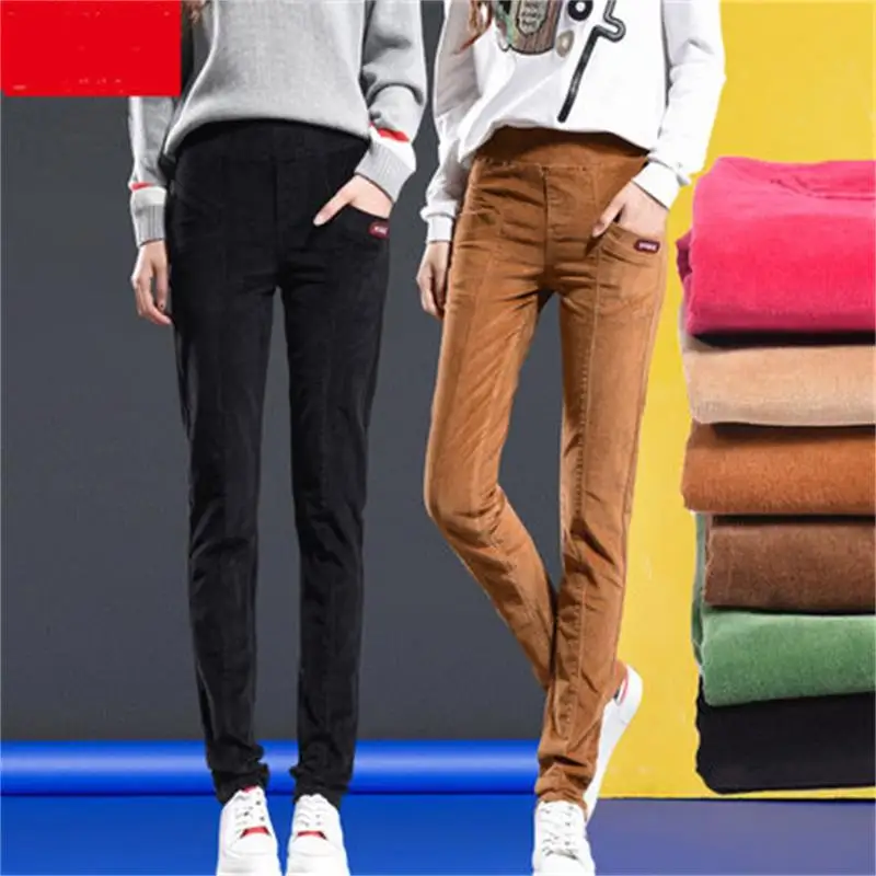

Corduroy pants fall new large size elastic waist high waist corduroy slacks feet long pants for women trousers Students pants T7