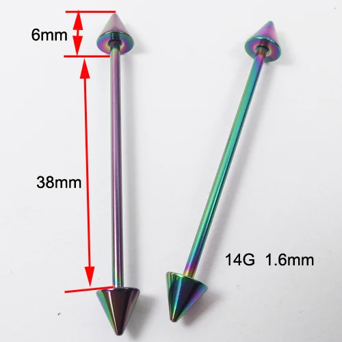2 шт. 1,6x38x6 мм 14 г Модные Длинные Промышленные прямые штанги из нержавеющей стали, шип, шарики, пирсинг, ювелирные изделия для тела - Окраска металла: Rainbow Spike