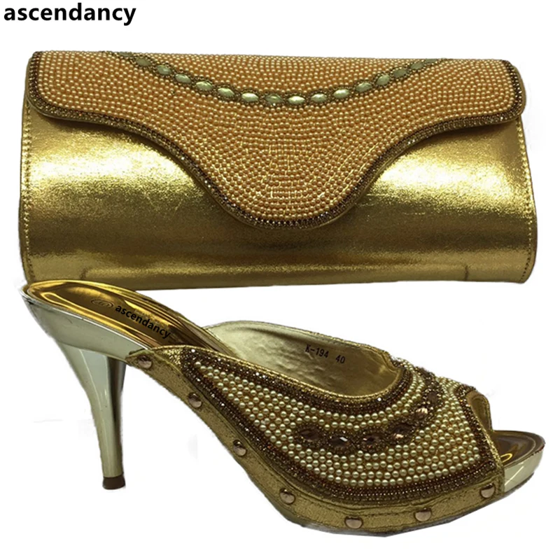 

New Arrival Gold Color African Wedding Italian Shoe and Bag Sets Italian Shoes with Matching Bags Set Decorated with Rhinestone