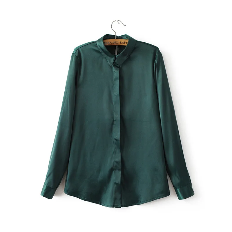 Повседневные Атласные Рубашки, шелковые блузки с длинными рукавами, на пуговицах, Женские однотонные тонкие кардиганы, базовые однобортные топы, хит - Цвет: Green