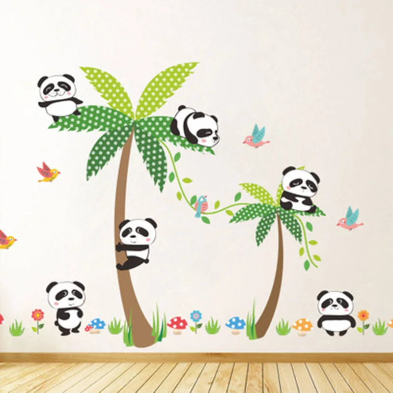 1029 Dessin Animé Belle Panda Cocotier Champignon Herbe Oiseau Mur Autocollant Enfants Chambre Pépinière Enfants Parc Papier Peint Affiche In