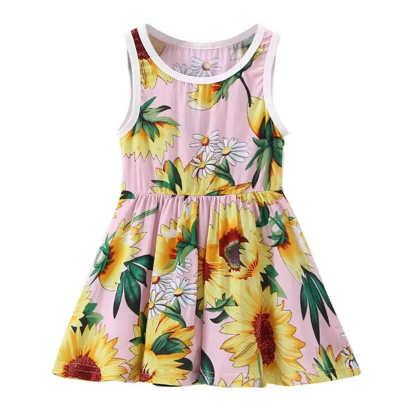 

Summer Kids Girls Sunflower Print Casual Cotton Princess Sleeveless Dresses