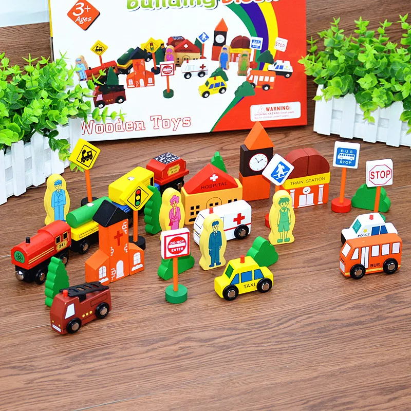 

Assembly City traffic Building blocks Kids Wooden Block Toy Magnetic Train Baby Traffic scene block toy Model Building Kits gift