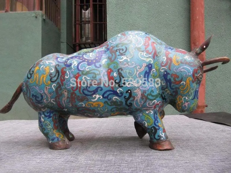

12"Chinese Copper handwork Made cloisonne enamel abstract wrestle bull Ox Statue