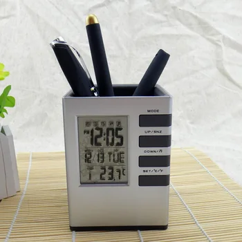 

Multi Function Pen Pot LED Digital Alarm Clock Office Electronic Desk Clock With Calendar Thermometer Office Supplies WXV Sale