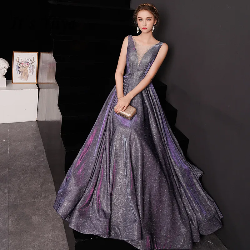 

It's YiiYa Evening Dress Shining Gradient Color Purple Formal Dresses Little Crystal V-neck Tank Lace Up Long Party Gown E034