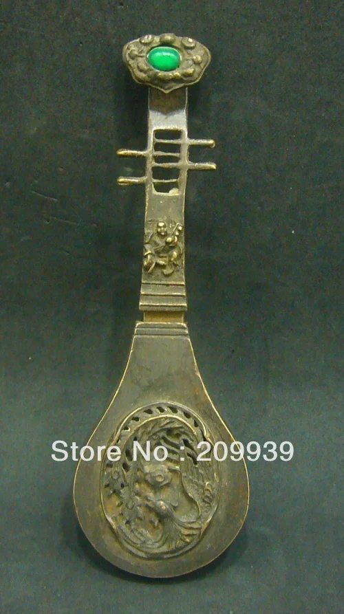 

00706 Chinese Carving Musical Instrument Lute Statue Shape With Key Bronze Lock