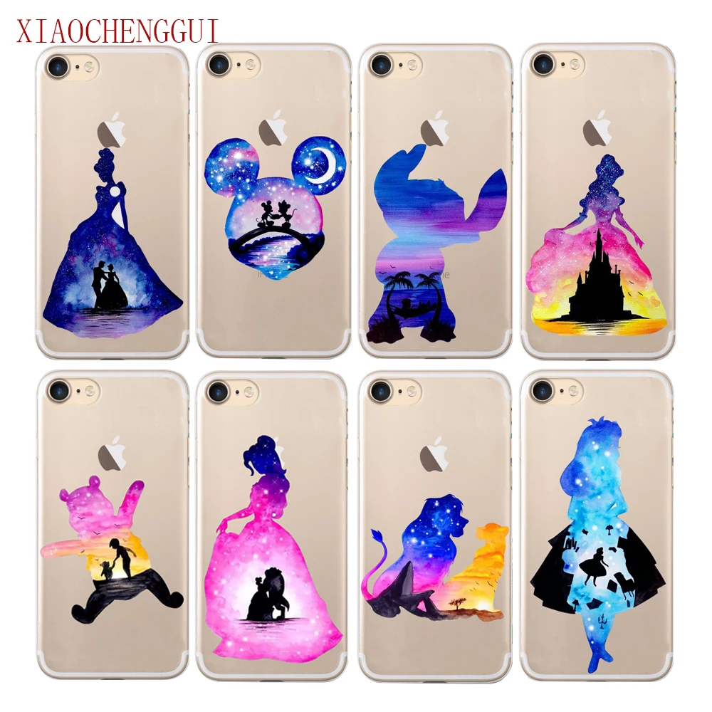 

Fashion Soft silicone Phone Case For iPhone 7 8 6S 5S 7Plus x Watercolor Art Princess Mickey Mouse Alice lion king Stitch Cover