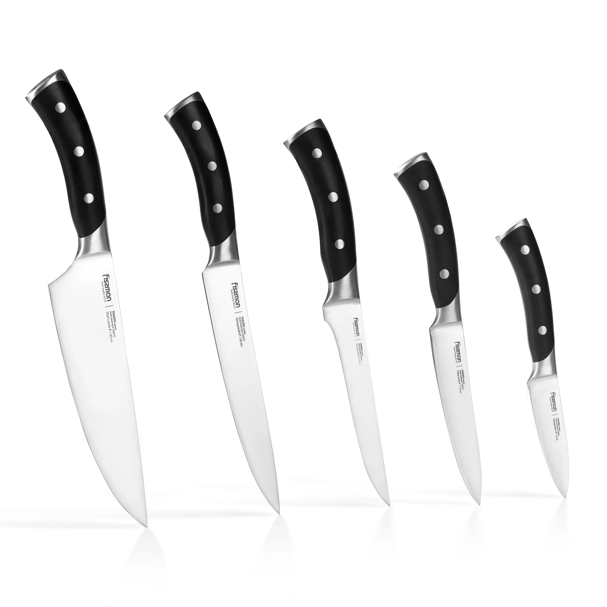 FISSMAN Stainless Steel Kitchen Knife Set with Wooden Knife Block-5pcs Knives inc Chef Santoku Boning Utility Paring Knife