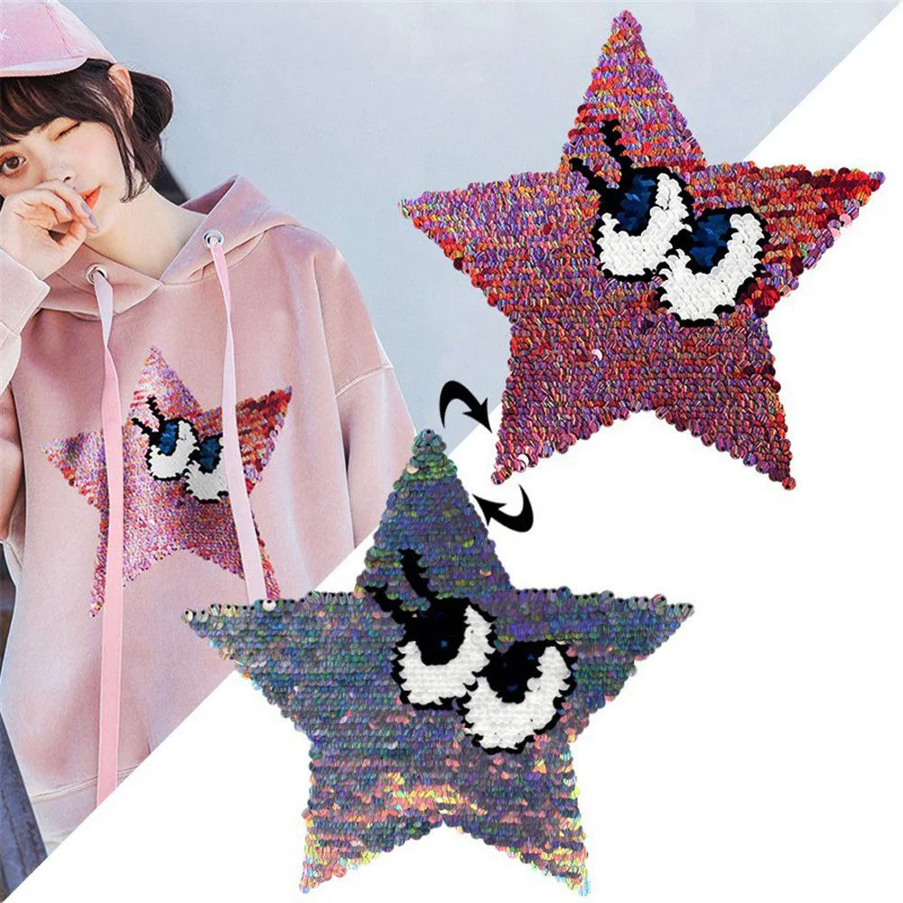 

1 Pcs Large Size Star Eyes Reversible Color Sequins Embroidered Iron on Patches DIY Clothes Bags Decor Stickers Free Shipping