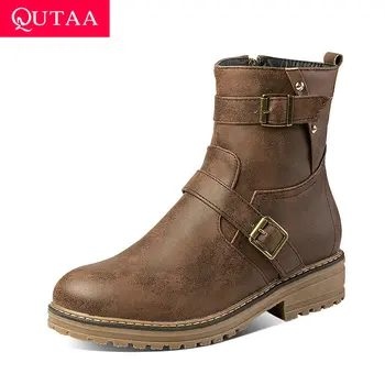 

QUTAA 2020 Autumn Winter PU Leather Casual Women Shoes Square Middle Heel Round Toe Buckle Zipper Ankle Boots Size 34-43