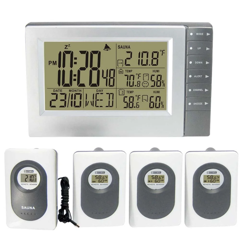 

DYKIE Top Selling Digital Termometer Humidity Wireless Weather Station Desktop Clock with Sauna Trasmitters And 3 Outdoor Sensor