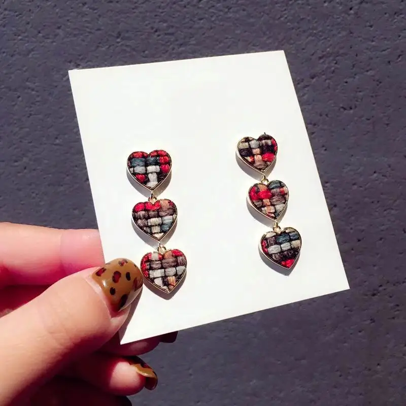 

Korean Lattice Heart Long Earrings For Women Vintage Colorful Drop Dangle Earrings Fashion Jewelry Bijoux