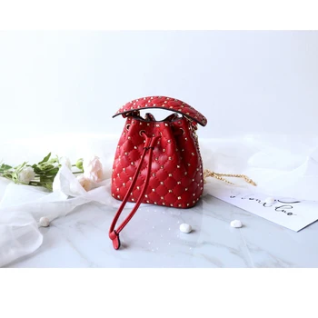 

Sheepskin chain Mini bucket bags small real leather totes bags Genuine leather rivet crossbody Bags