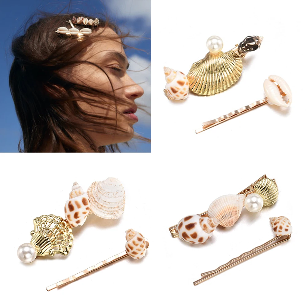 

New 2pcs/set Fashion Shell Conch Hair Clips for Women Girls Handmade Braided Geometry Hairpins Pearl Hairpins Accessories