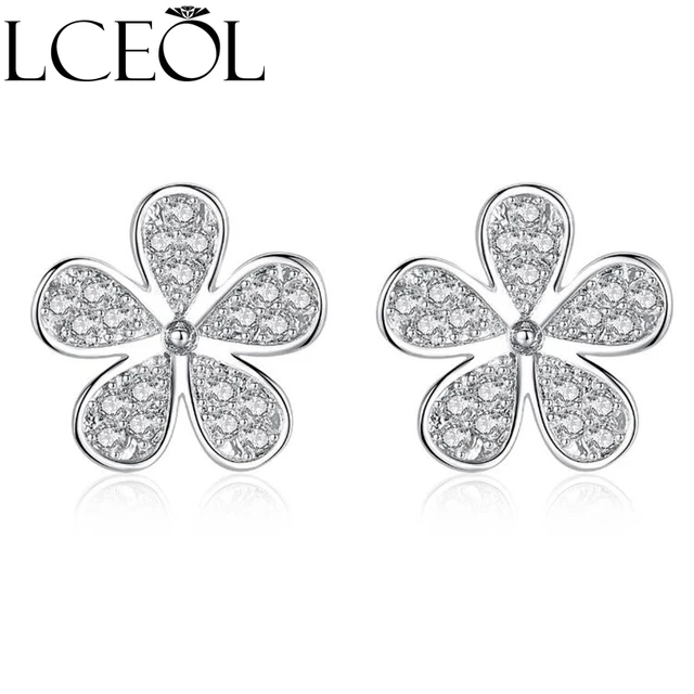 Lceol Small Simple Cute Flower Stud Earrings White Gold Color Lceol Small Simple Cute Flower Stud Earrings White Gold Color Marquise Cut 5pcs Cz Crystal For