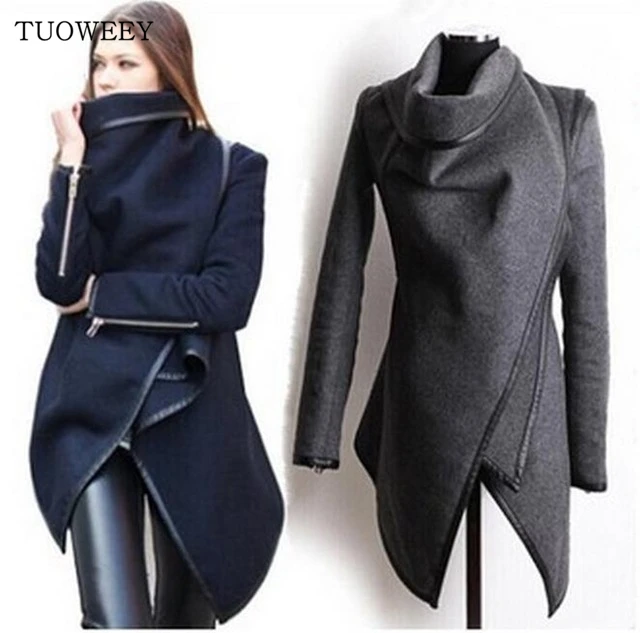 Осенне-зимняя куртка размера плюс, пальто для женщин, модное готическое черное облегающее пальто с разрезом и высоким воротником, повседневное женское пальто, верхняя одежда