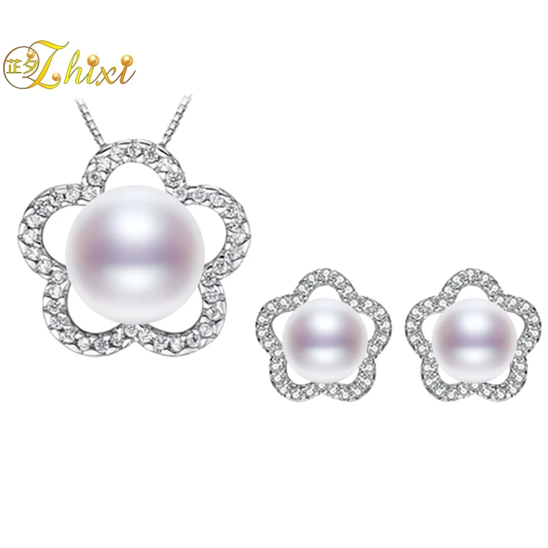 ZHIXI Natural Pearl Jewelry Sets Fine Jewelry Real Freshwater Pearl Necklace Pendant Earrings For Women Trendy