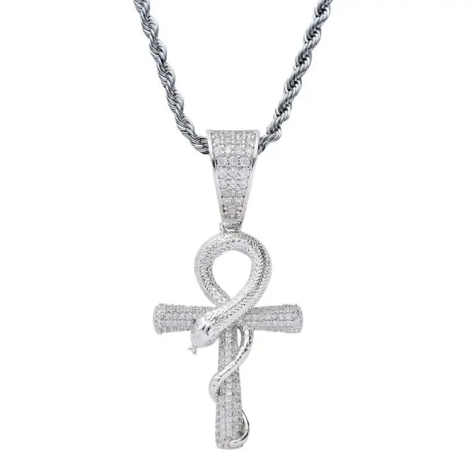 Men Hip hop iced out Egypt Ankh cross with snake pendant necklaces AAA Zircon male fashion pendants necklace Hiphop jewelry - Metal Color: Silver Plated